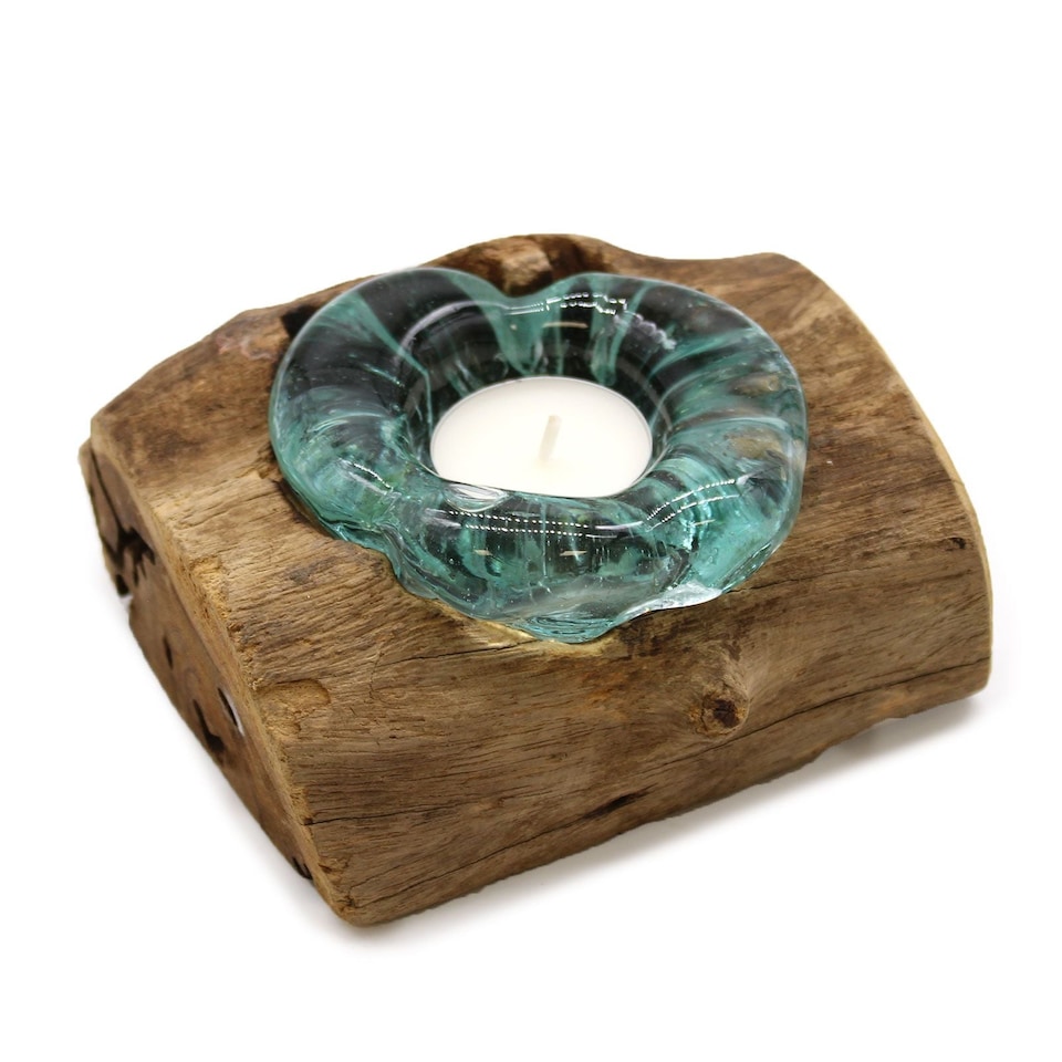 image 1 of Serenityy Molten Glass Single Candle Holder on Wood - Teal Glass, Natural Wood Base