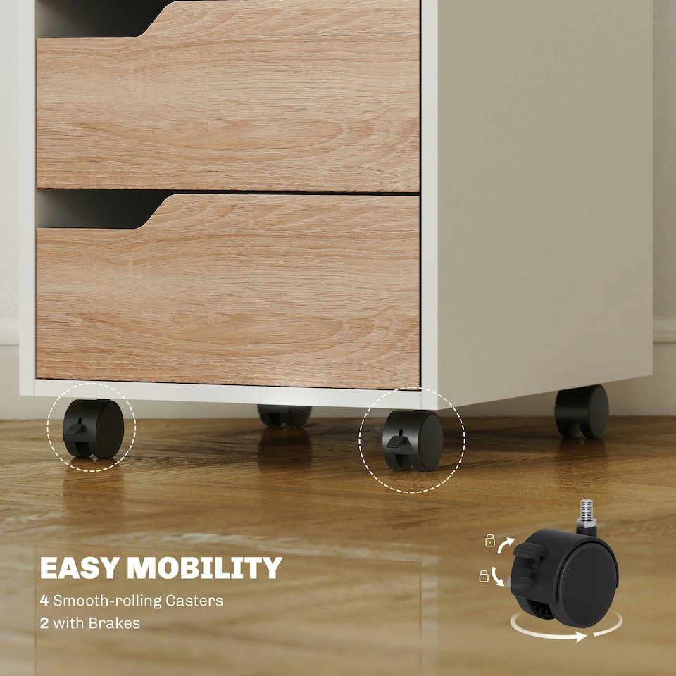 image 1 of MDF Mobile File Cabinet w/ 3 Drawers Locking Wheels Metal Rails Oak Tone White