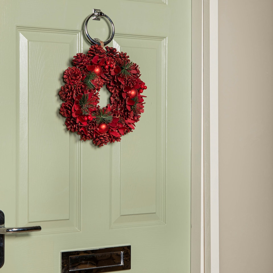 image 1 of 30cm Ruby Pine Hanging Christmas Wreath with Red Pinecones and Berries