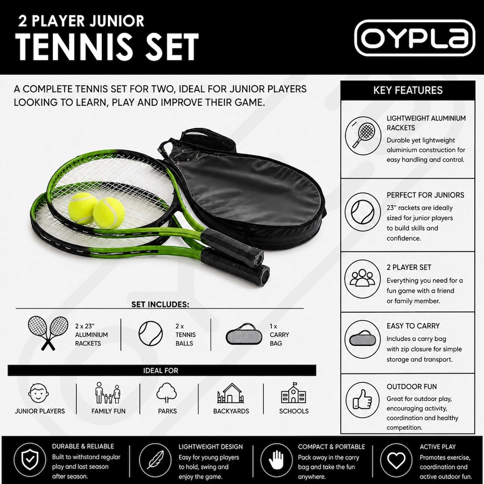 image 1 of 2 Player Junior Tennis Set with 23 Inch Aluminium Rackets, Balls & Carry Bag