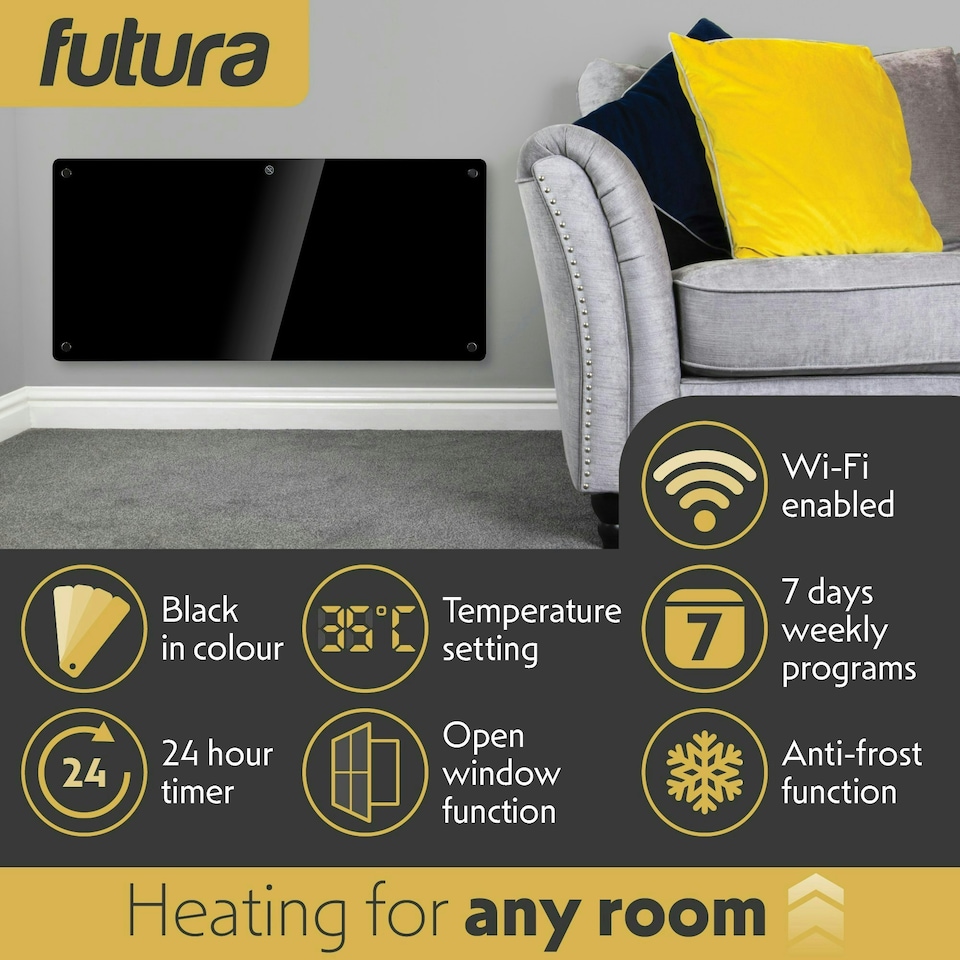 image 1 of Futura 2000W Smart Wifi Heater Electric Panel Wall Mounted Black Glass Radiator