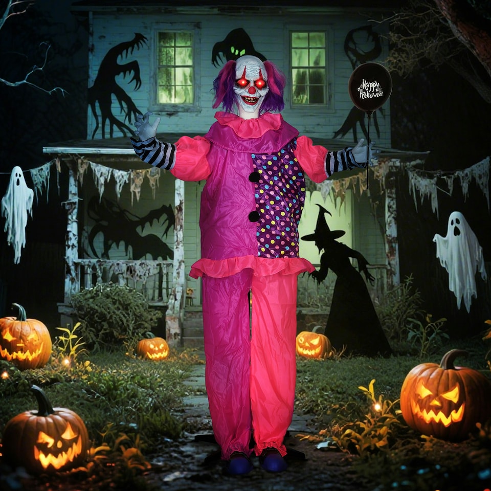 image 1 of Outsunny Sound Activated Halloween Animatronics Clown with Red Light Up Eyes