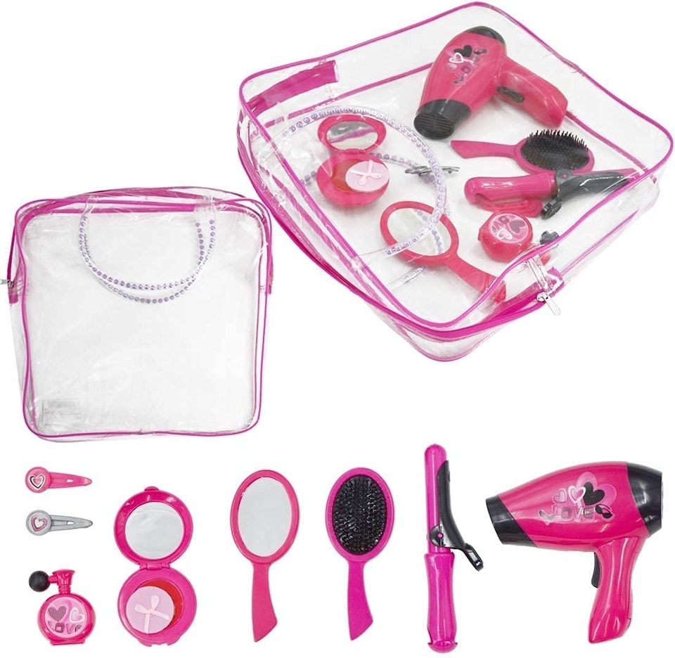 image 1 of Hair Styling Set for Girls - Kids Hairdressing & Vanity Handbag Play Set - Battery-Operated Toy Hair Dryer, Accessories & Pretend Makeup - Role Play Hairdresser Set for Kids Ages 3+