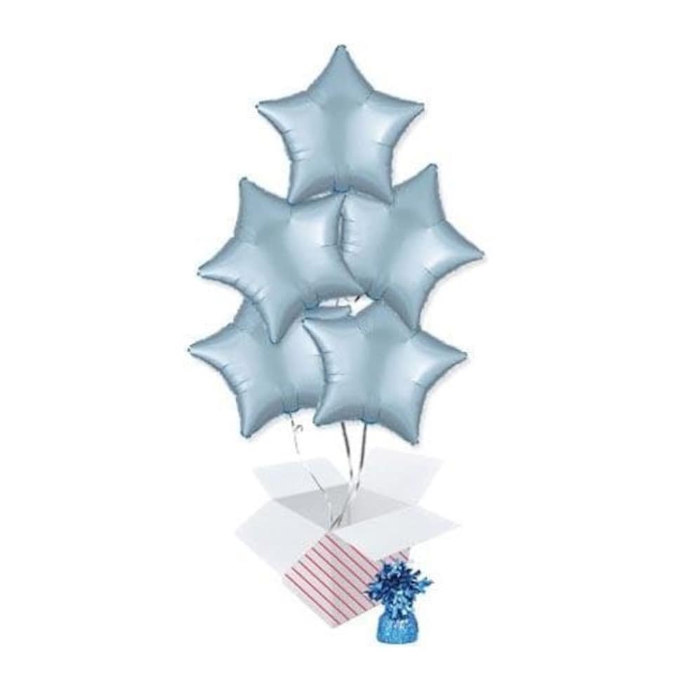 Pastel Blue Satin Luxe Star Shape Foil Helium Balloon Bouquet - 5 Inflated Balloons In A Box Blue