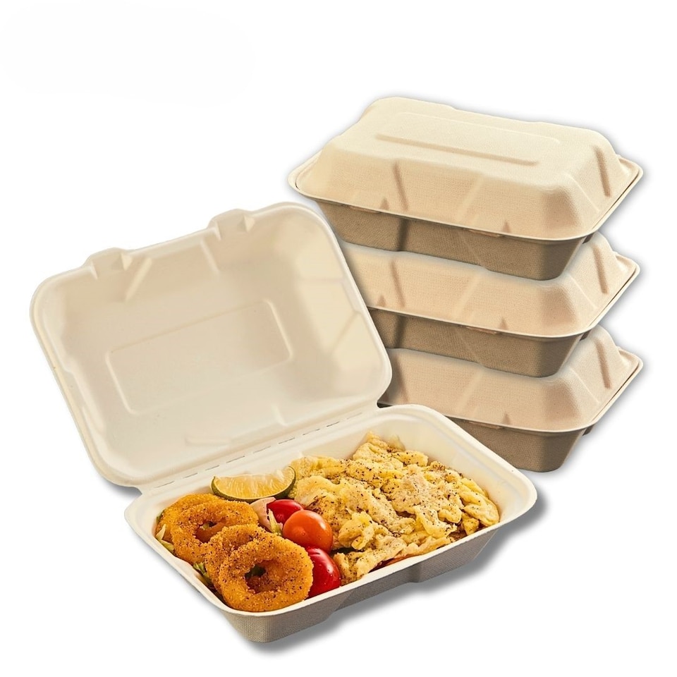 image 1 of Bagasse Sugarcane Takeaway Meal Boxes 9x6 Clamshell Food Containers TUV Home Compostable Certified, Unbleached, PFAS Free & Sturdy for Hot & Cold Food, Restaurants, BBQs Parties