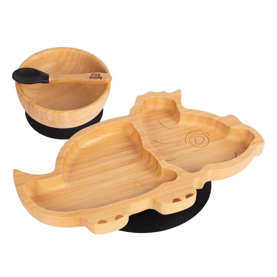 image 1 of Tiny Dining Children's Bamboo Suction Dinosaur Dinner Set - Black