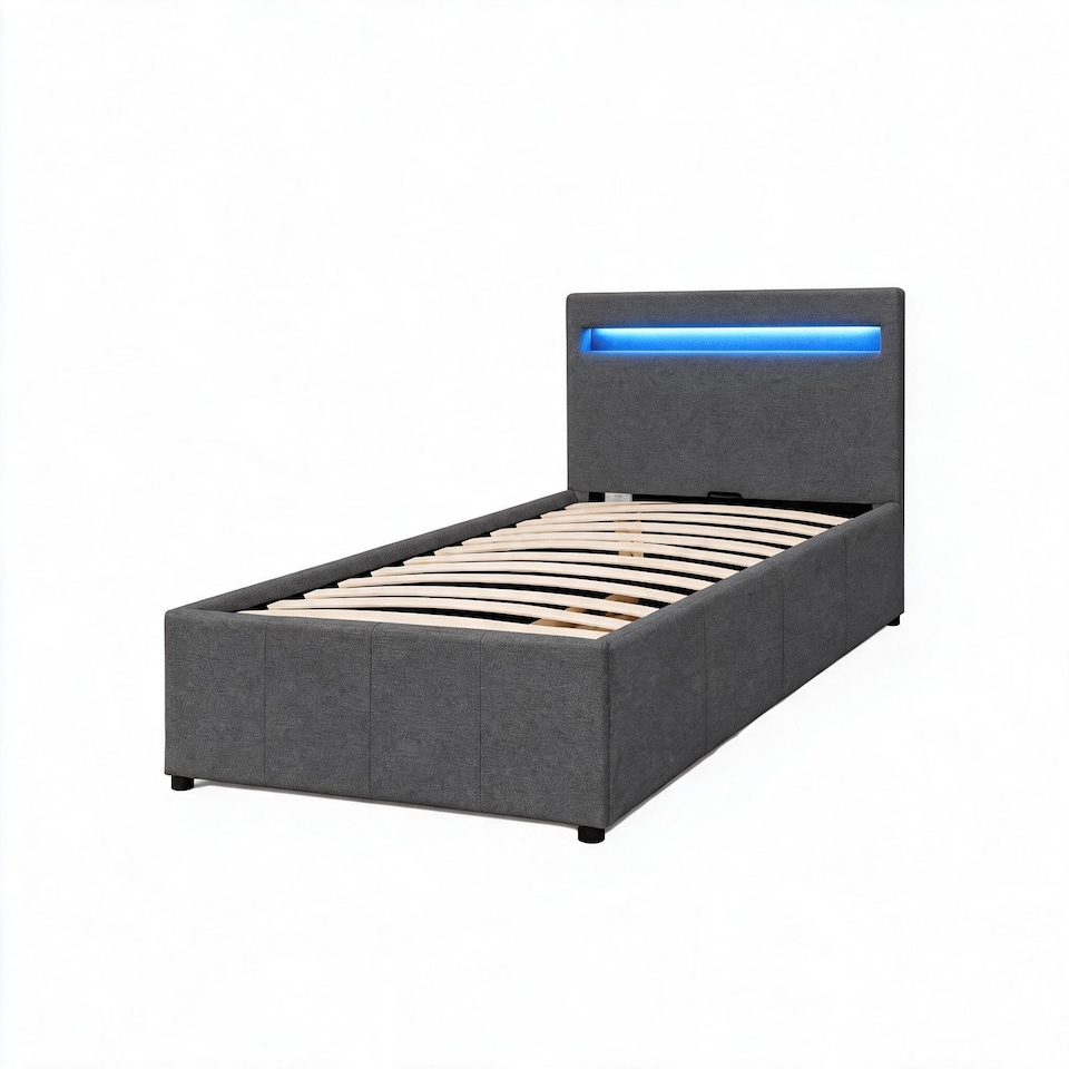 image 1 of 3ft Single Modern Gas Lift Ottoman Bed Frame with LED In Dark Grey
