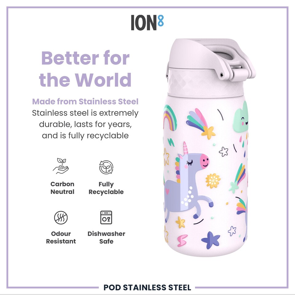 image 1 of Leak Proof Kids Water Bottle, Stainless Steel, 400ml (13oz) | Pink | Unicorn | One Size