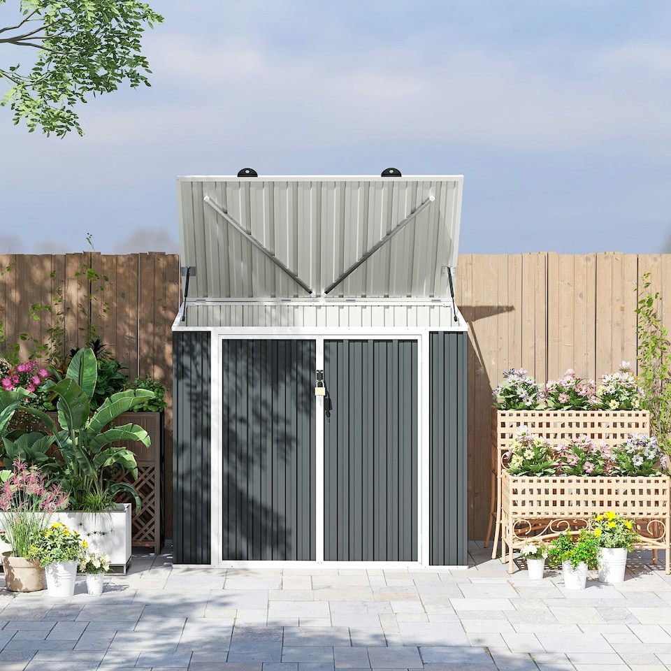 image 1 of Outsunny 2-Bin Steel Rubbish Storage Shed w/ Double Locking Doors, Openable Lid