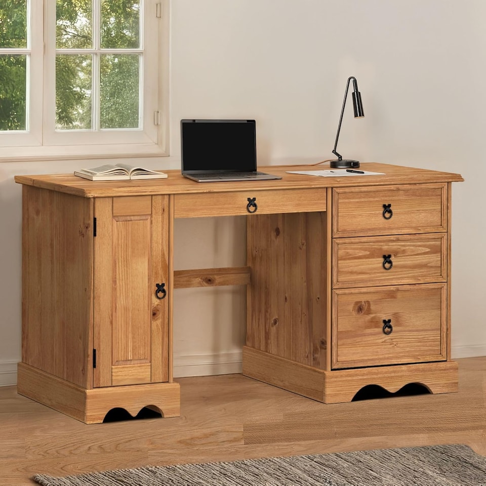 image 1 of Mercers Furniture Corona Straight Computer Desk 3 Drawer 1 Door Office Bedroom Solid Wood Pine with Mexican Styling Wooden