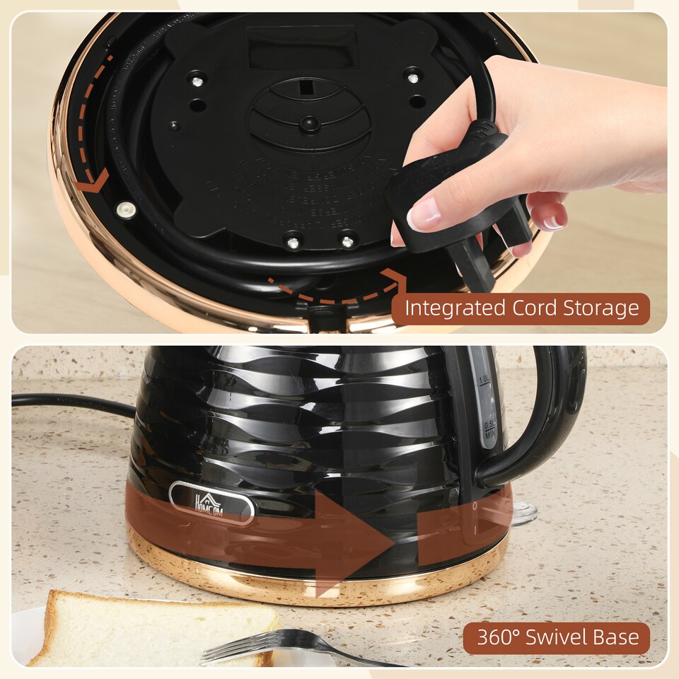 image 1 of HOMCOM Electric Kettle 1.7L, Fast Boil, 3kW Cordless Water Kettle with Removable Washable Anti-scale Filter, UK Otter Thermostat, Auto Shut-off, 360degree Swivel, BPA Free, Black Water Ripple Texture