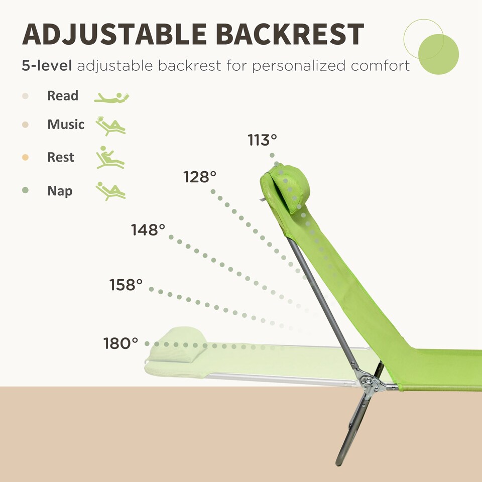 image 1 of Outsunny 2 Pieces Sun Loungers Foldable Reclining Chair with Headrest Green | Green