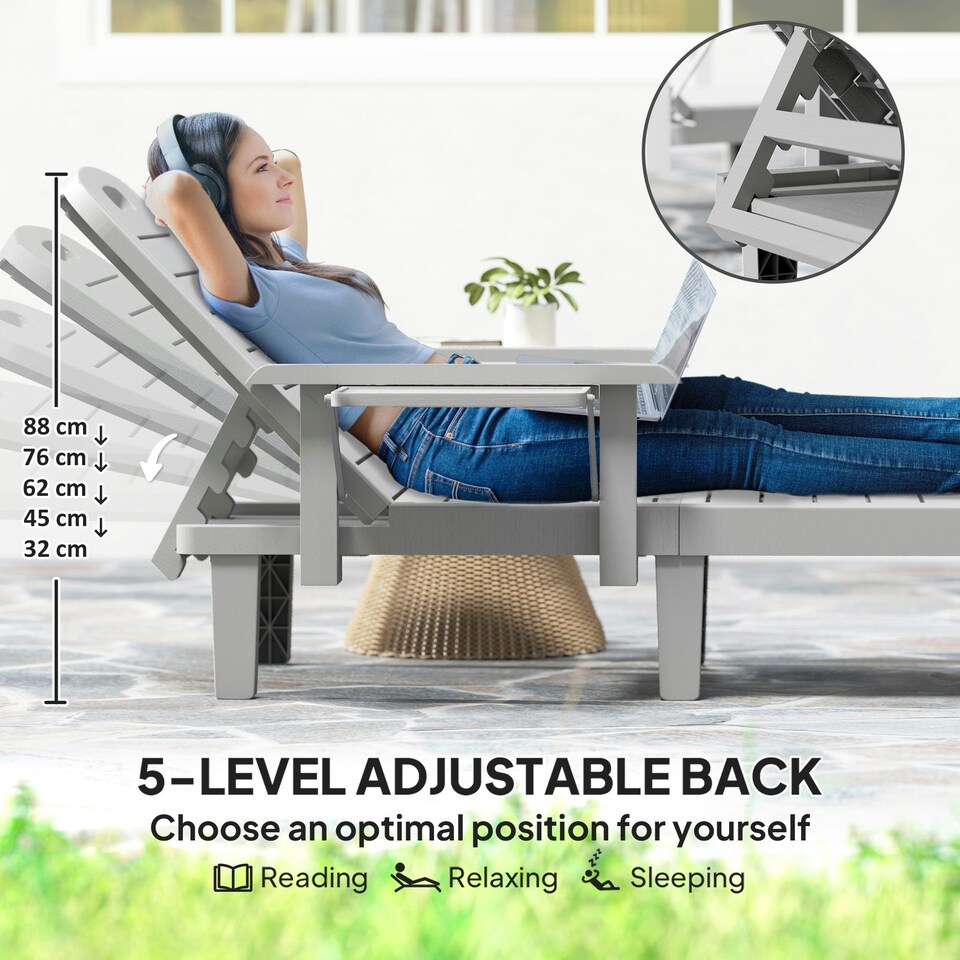 image 1 of Outsunny Set of 2 Resin Reclining Sun Loungers for Garden Grey | Light Grey