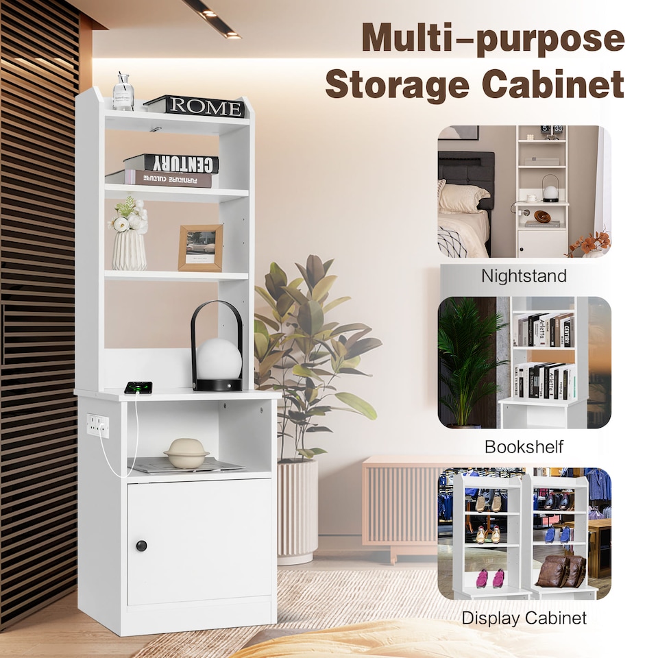 image 1 of COSTWAY 6-Tier Nightstand w/ Charging Station White