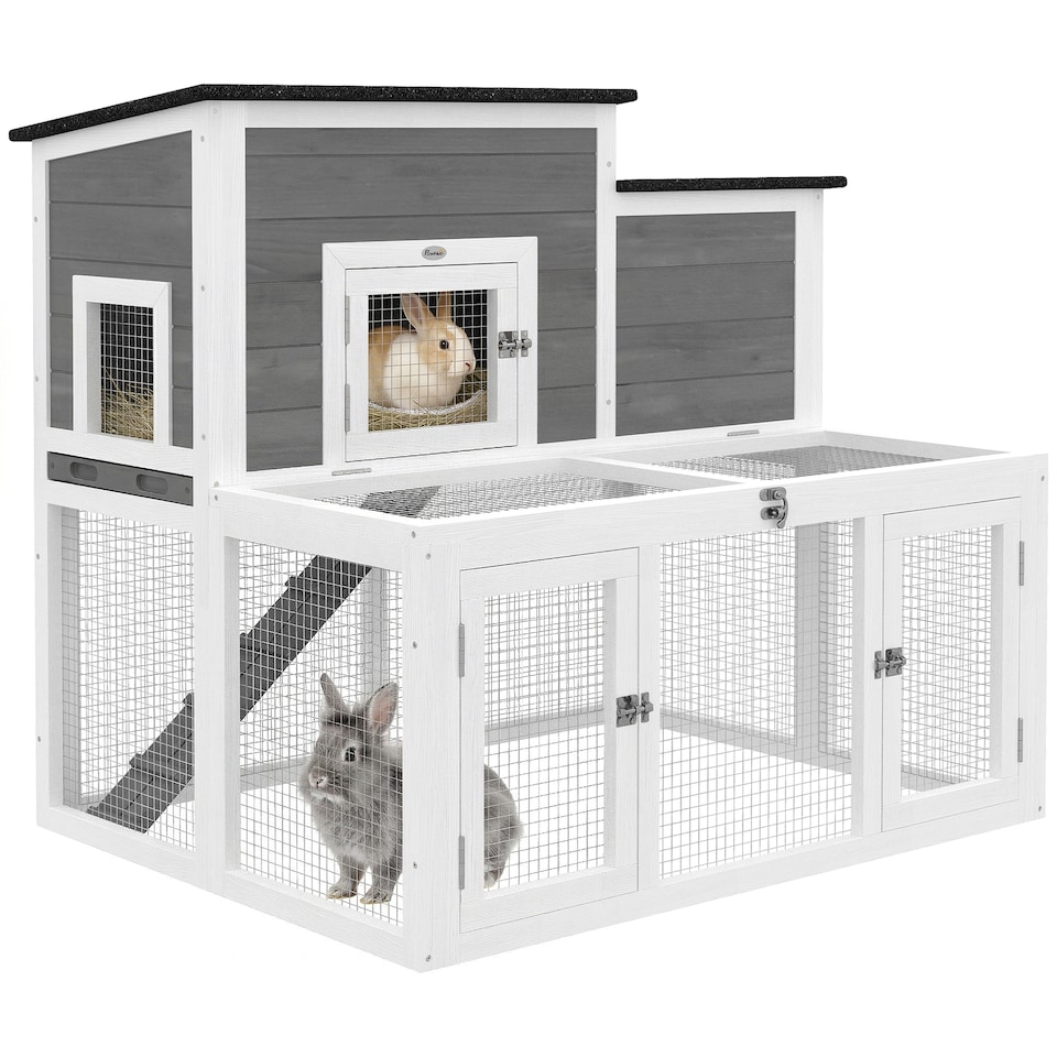 image 1 of PawHut Wooden Rabbit Hutch, Outdoor Bunny Cage with Waterproof Roof | Grey | Grey, Black, White | 97 x 75.5 x 90 cm