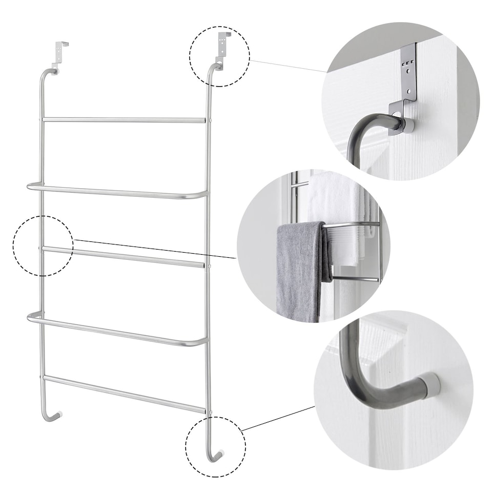 image 1 of House of Home Towel Rail Over Door 5 Tier Clothes Airer Rack Hanger Holder Bathroom Storage