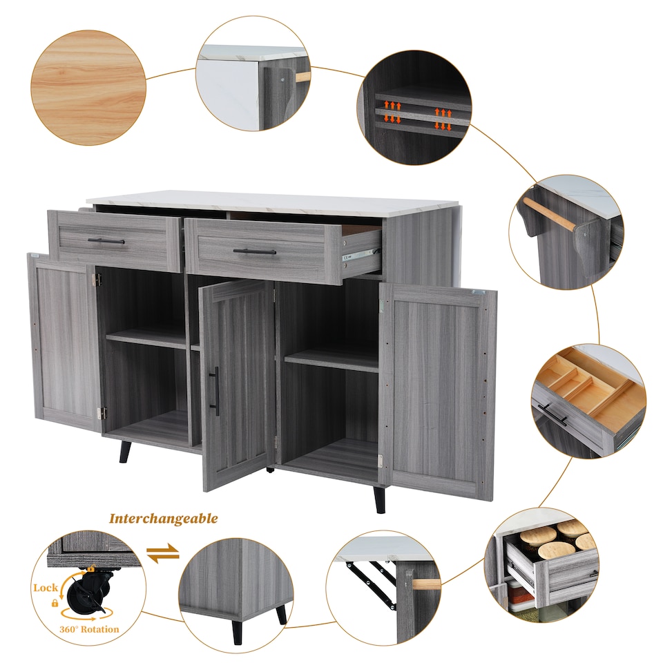 image 1 of VILUXE Mobile Kitchen Island with Foldable Worktop, 2 Drawers, Adjustable Shelves, Towel Rail, Wheels and Solid Wood Feet, Grey and White