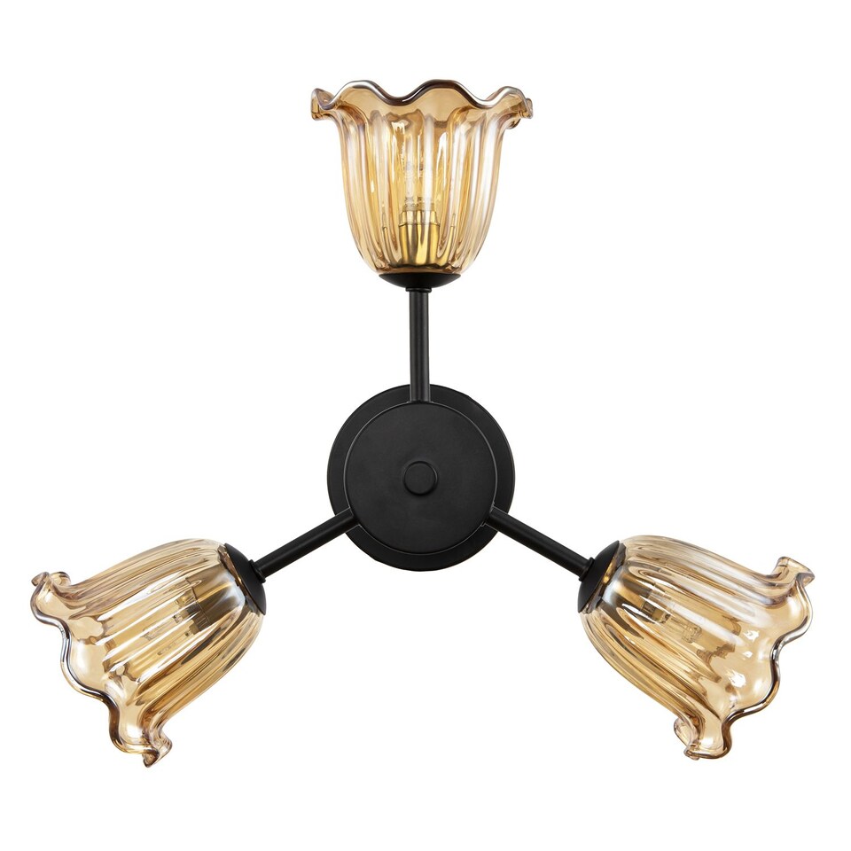 image 1 of Designer Matte Black Ceiling Light with Amber Floral Glass Shades