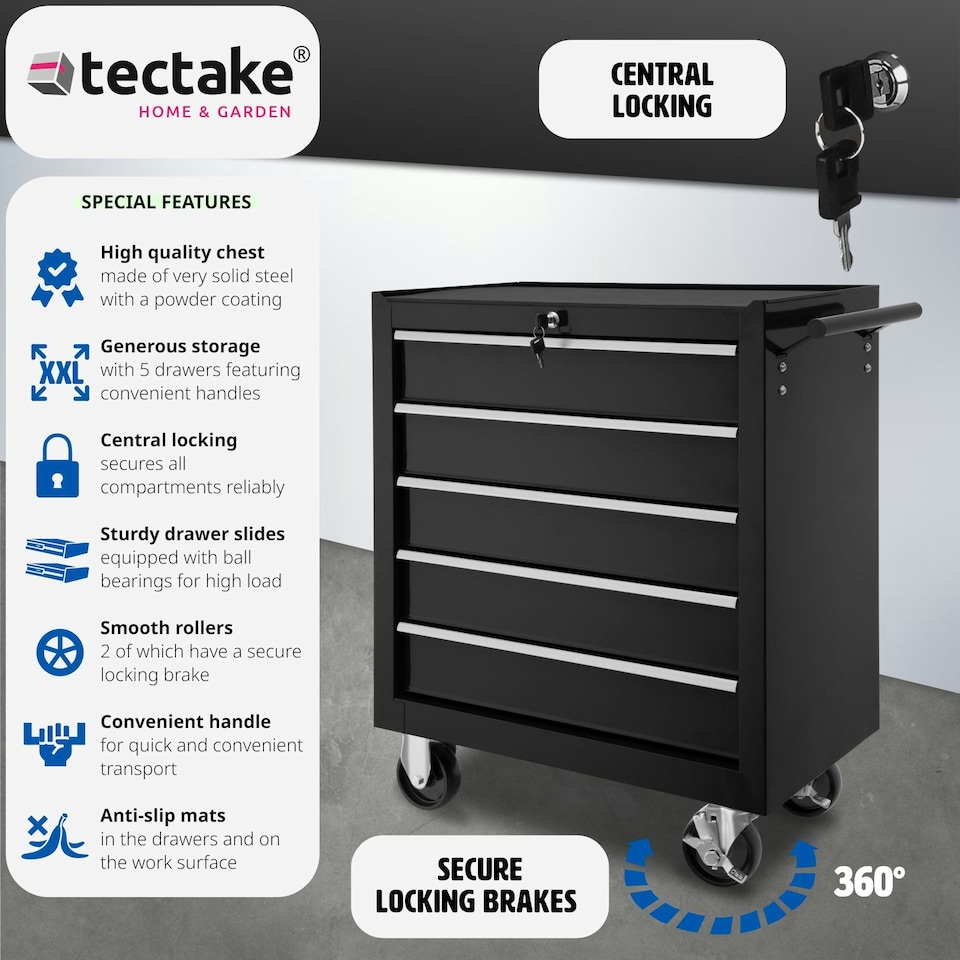 image 1 of Tool Chest - with wheels, 5 drawers, central locking system Black | Black