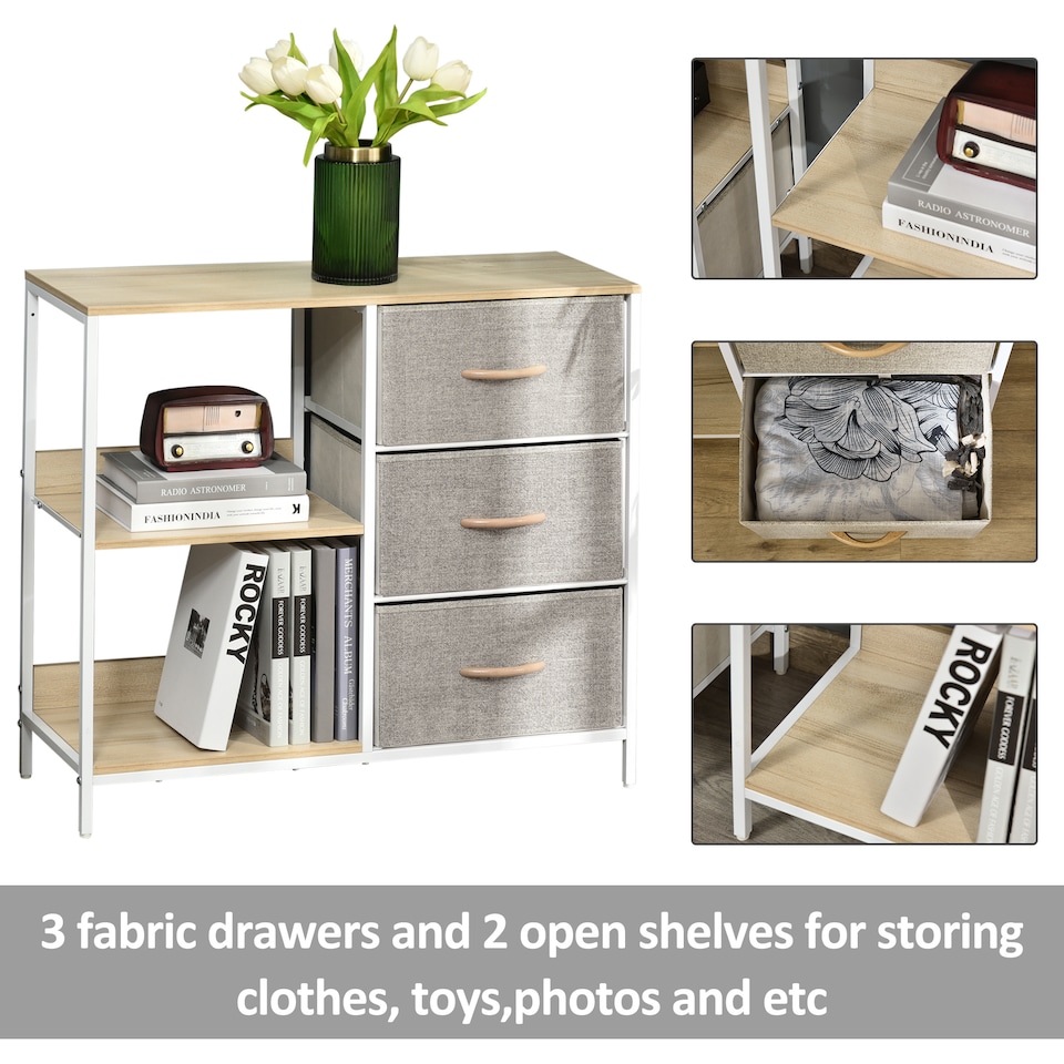 image 1 of HOMCOM Chest of Drawers Storage Dresser Cabinet Organizer with 3 Fabric Drawers and 2 Display Shelves for Living Room, Bedroom, Hallway, Beige