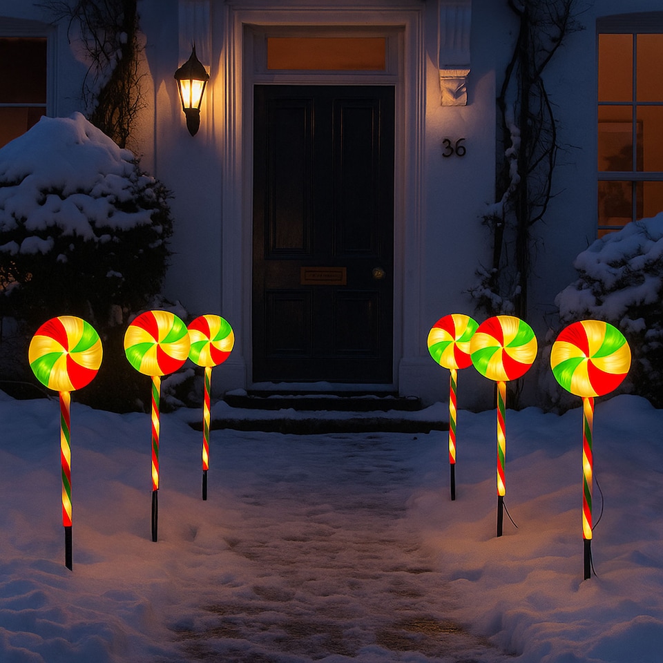 image 1 of Neo Large 50cm Candy Cane Lolly Lollipop Christmas Remote Solar and Battery Powered Lights 6 Pack LED Path Stakes Timer 8 Modes Timer Outdoor Décor