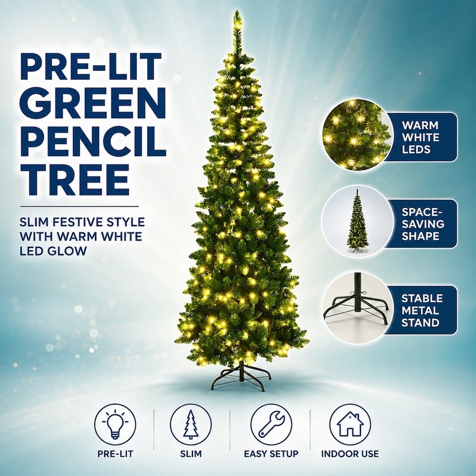 image 1 of 6FT Pre-Lit Pencil Christmas Tree with Warm White LED Lights - Festive Xmas Decoration for Home and Holiday Display
