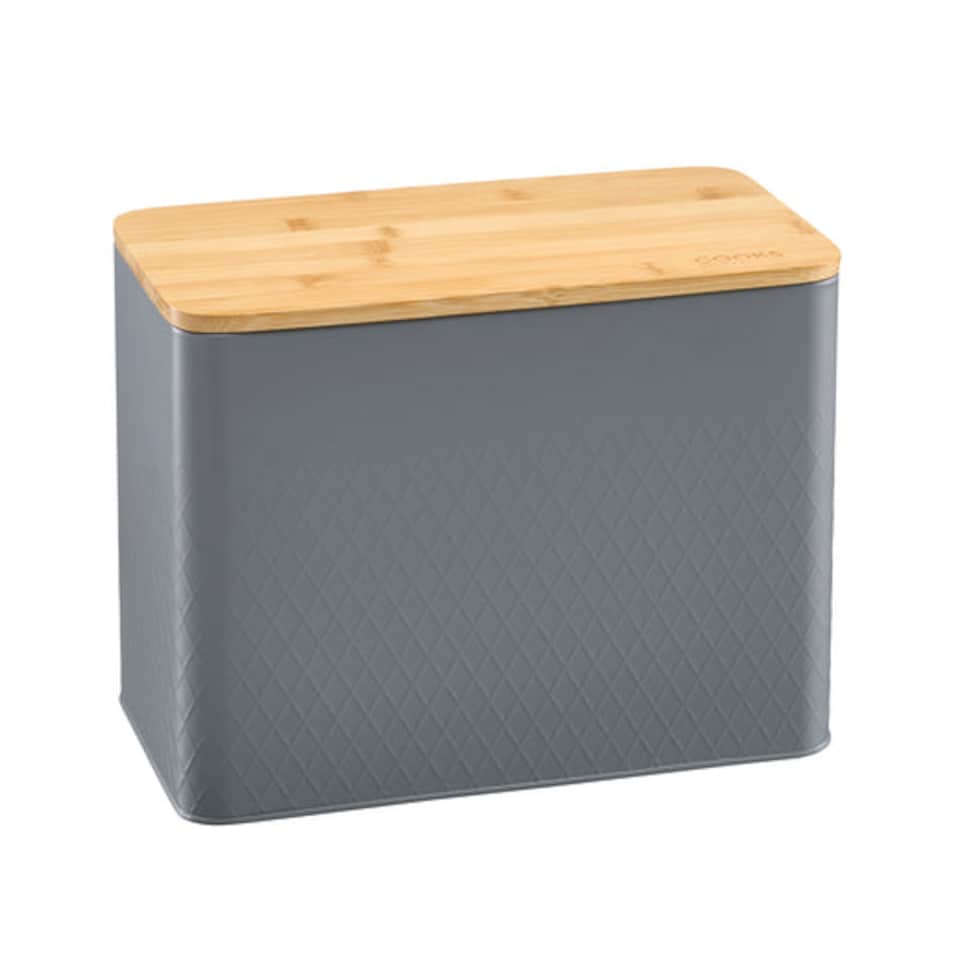 image 1 of Cooks Professional Diamond Pattern Bread Bin with Linen Bag & Bamboo Cutting Board Lid | Grey | Dark Grey | 1