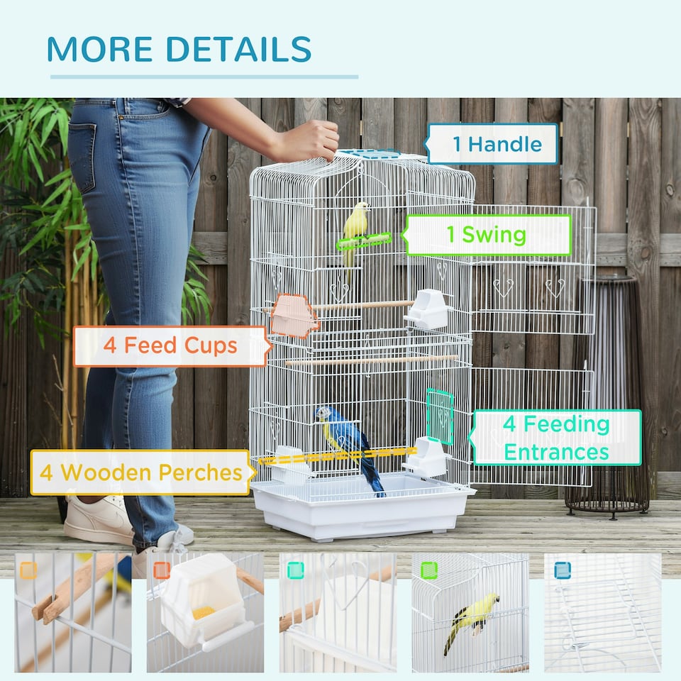 image 1 of PawHut 92cm Large Bird Cage with Perches, Food Bowls, Swing, White