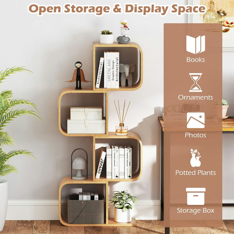 image 1 of COSTWAY 4-TierS-Shaped Bookcase, Bamboo Bookshelf Brown
