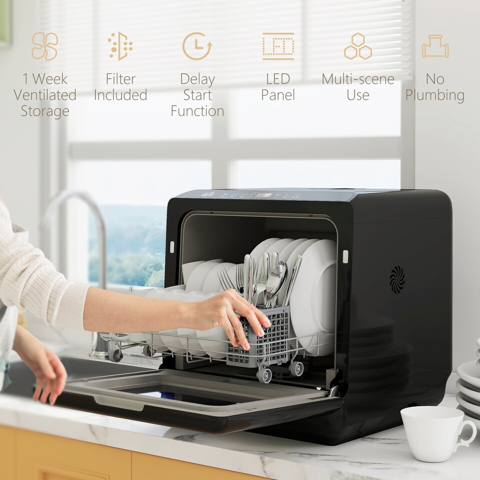 image 1 of HOMCOM Tabletop Dishwasher, Mini Countertop Dishwasher with Built-in 6L Water Tank, 6 Programs, Touch Control, LED Display, 4 Place Settings, Dual Water Supply and Air Drying Function, Black