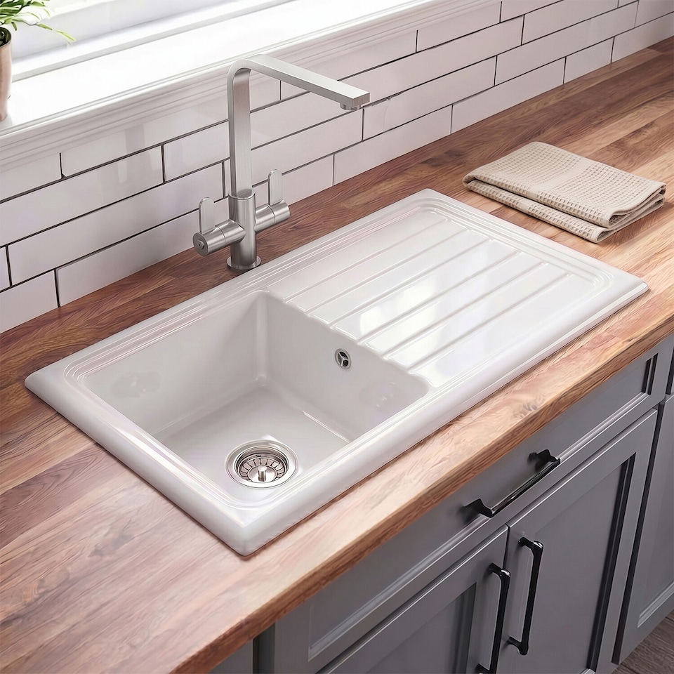 image 1 of Balterley 101cm Inset Counter Top Single Bowl Fireclay Ceramic Kitchen Sink | White | White | 1