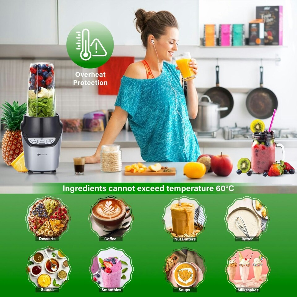 image 1 of PureMate Smoothie Maker and Blender, 1000 Watts, 8 Piece Set, 3 Speed Settings, Stainless Steel Blades Silver