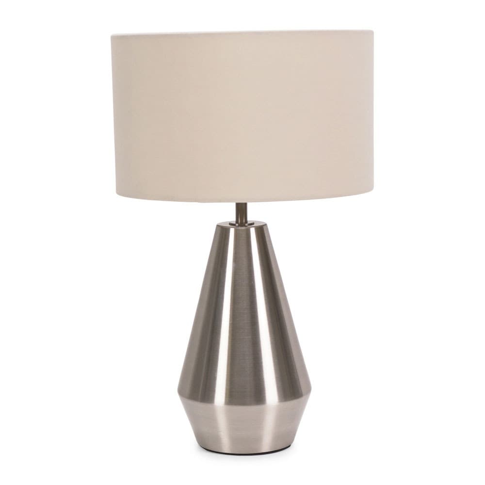 ValueLights Jax Brushed Chrome Dimmable Touch Table Lamp with Fabric Drum Shade in Nude