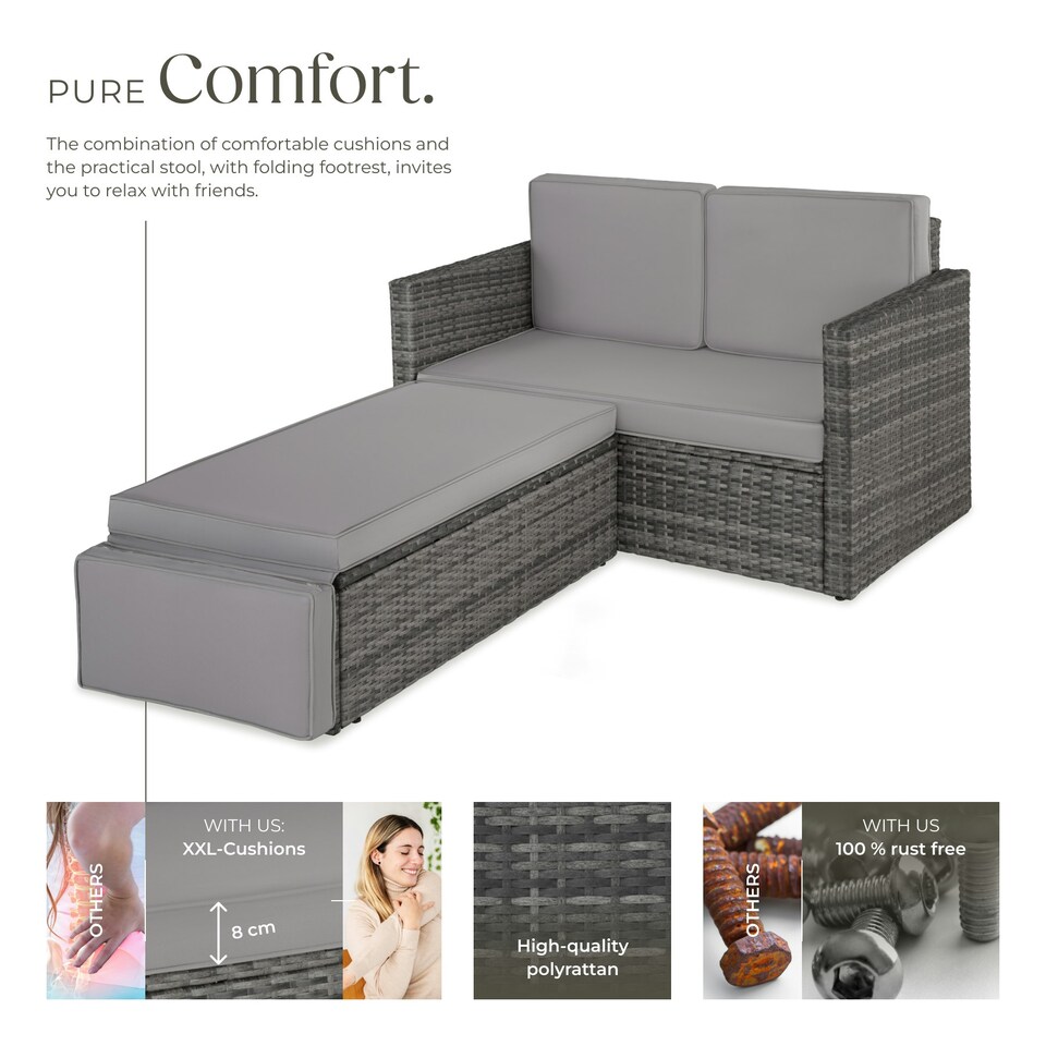 image 1 of Garden Sofa Corfu - 2 seater sofa, stool sun lounger, thick cushions - Grey