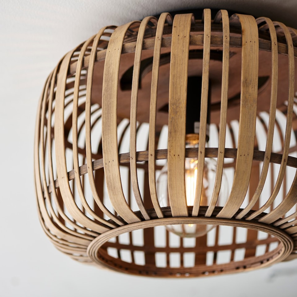 image 1 of Mathias Decorative Flush Ceiling Lamp, Natural Bamboo, Plywood, Matt Black Paint