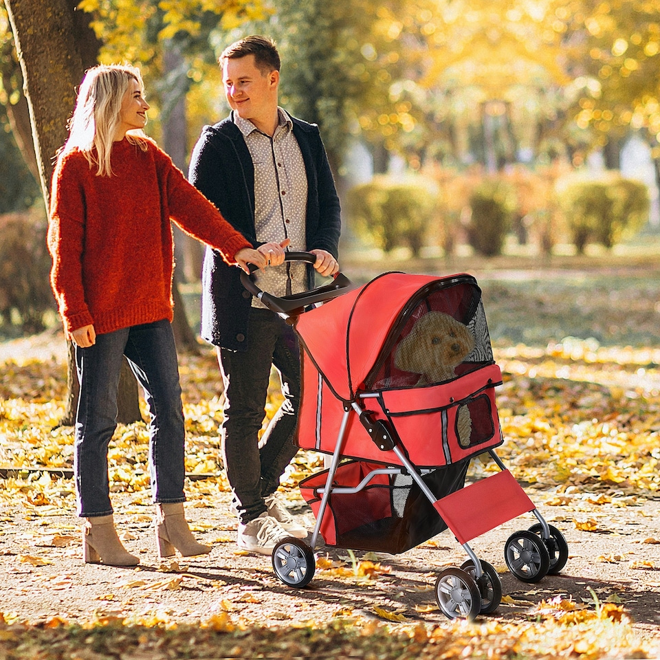image 1 of PawHut Pet Stroller Carrier Foldable Deluxe Jogger Walk Travel Dog Cat Red