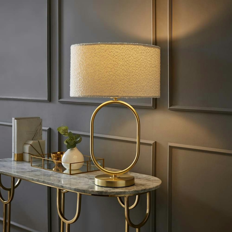 image 1 of ValueLights Antonia Cream Boucle Drum Shade Brushed Gold Oval Table Lamp with LED Bulb | Gold