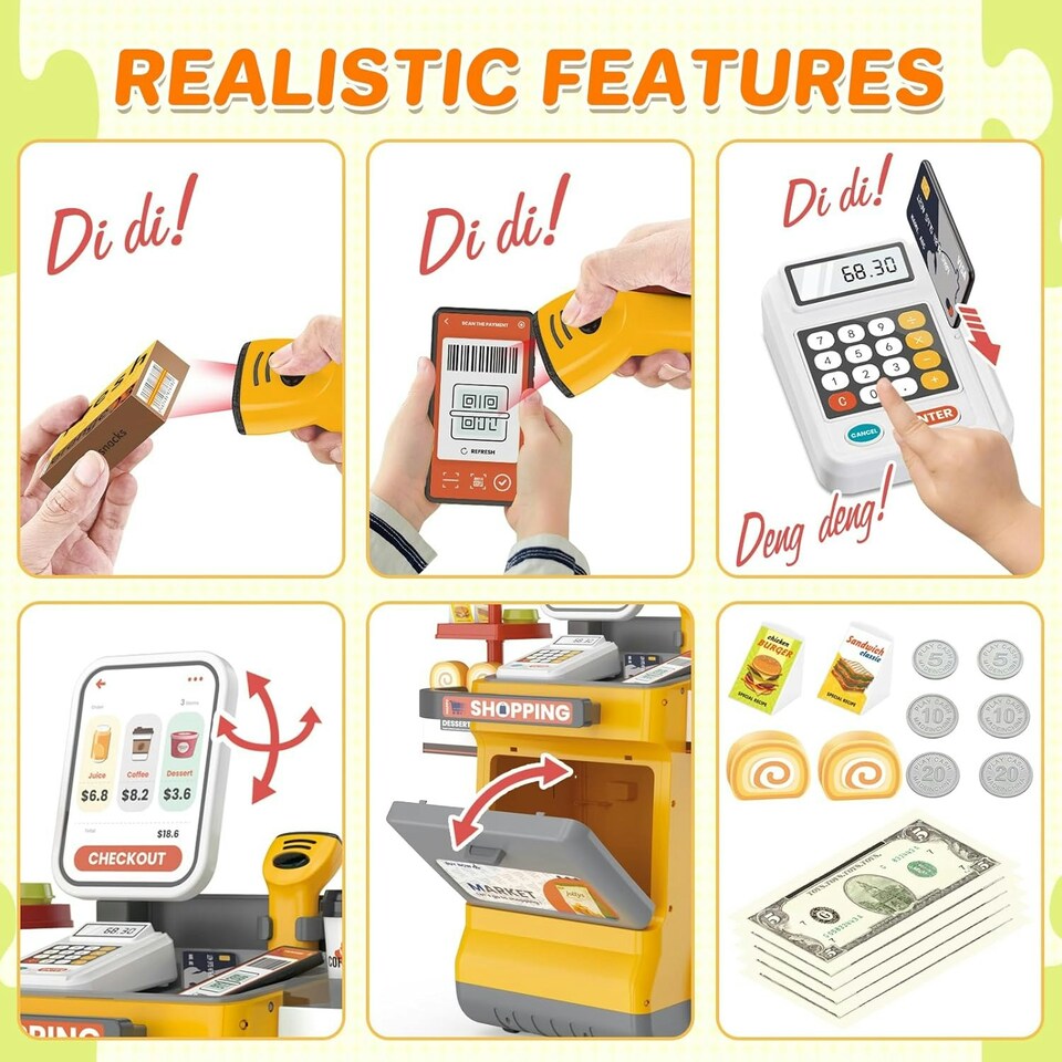 image 1 of 47PCS Grocery Store Cash Register Playset with Scanner Play Food Sound and Light Effects