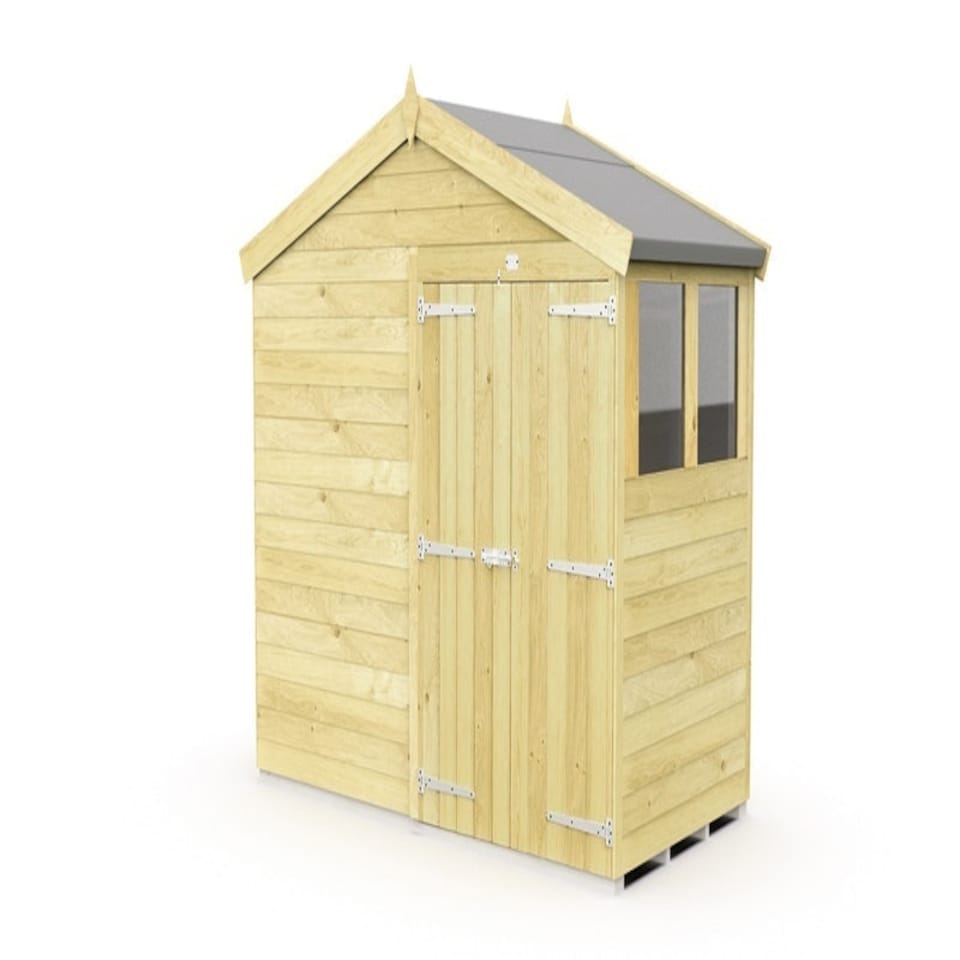 image 1 of 8 x 4 Feet Apex Shed - Double Door With Windows - Wood - L127 x W231 x H217 cm | Brown