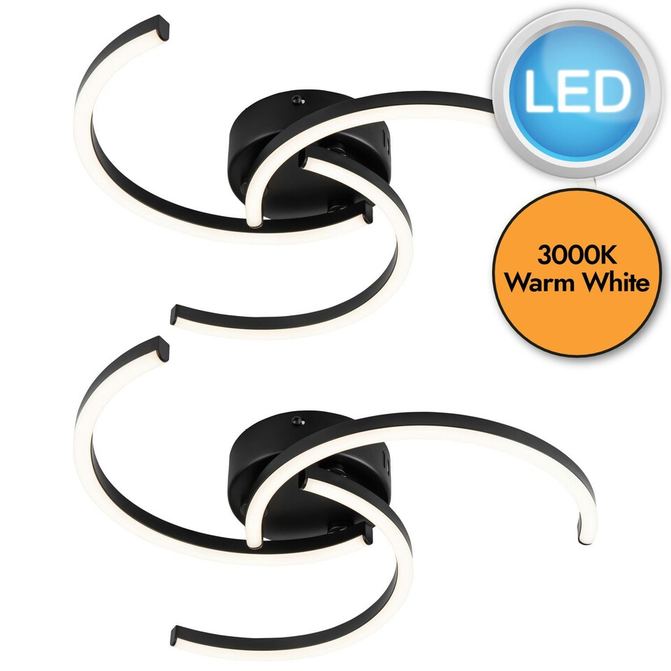 image 1 of First Choice Lighting Set of 2 Curve Black LED Flush Ceiling Lights Black