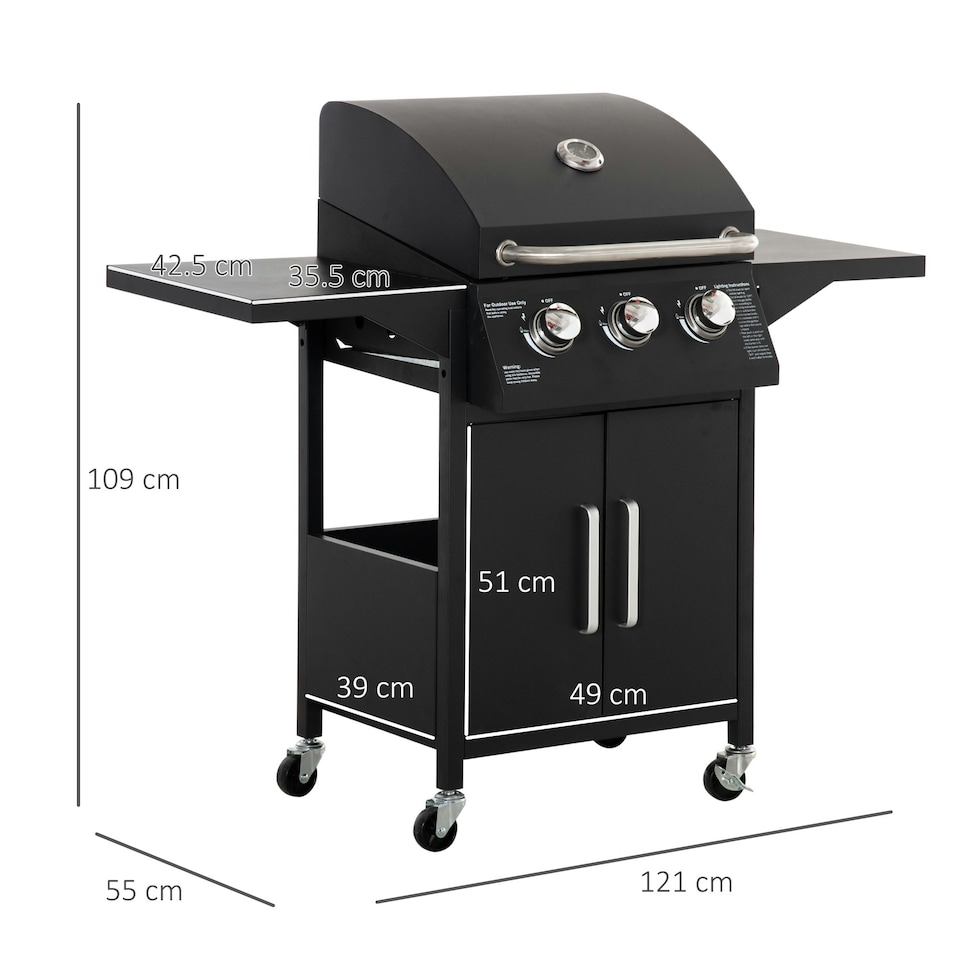 image 1 of Outsunny 3 Burner Gas Grill Portable BBQ Trolley w/ 4 Wheels and Side Shelves