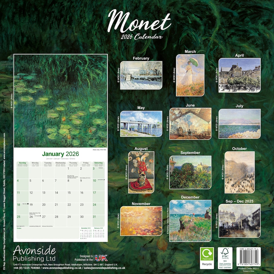 image 1 of Monet 2026 Calendar | Square Wall Calendar | Art & Artist Gift | Plastic Free Packaging | by Avonside Publishing
