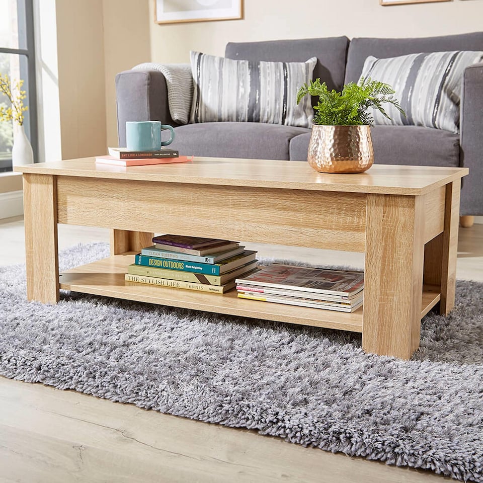 image 1 of Wooden Coffee Table With Lift Up Top Storage Area and Magazine Shelf | Brown