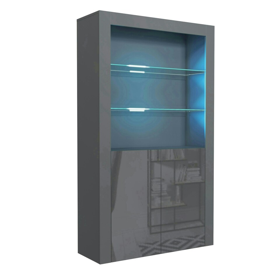 image 1 of Display Cabinet 100cm Grey Gloss Doors Dark Matt Body Free LED Grey