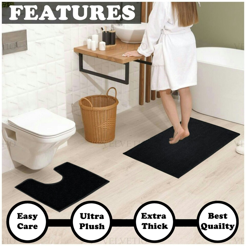 image 1 of VELVETIO Shiny Sparkling Bath Set Anti Slip Pedestal Mat Bathroom Rugs Black