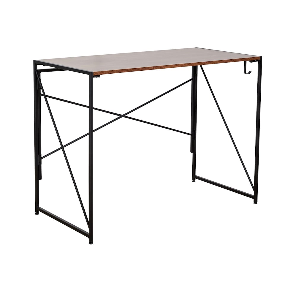image 1 of Folding Compact Desk Storage Hook Wood Metal Office Computer Table Workstation | Brown