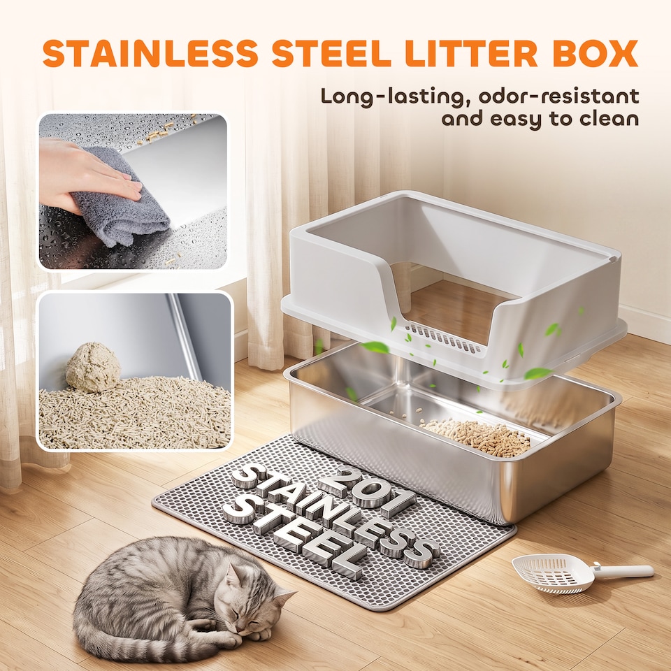 image 1 of PawHut XL Stainless Steel Cat Litter Tray w/ Lid, High Sided Cat Litter Box