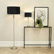 ValueLights Maggie Brushed Chrome Candlestick Floor Lamp with Black Velvet Lamp Shade and LED Bulb