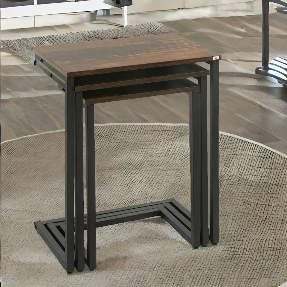 image 1 of Set Of 3 C-Shaped Nesting Tables Rustic Brown Brown