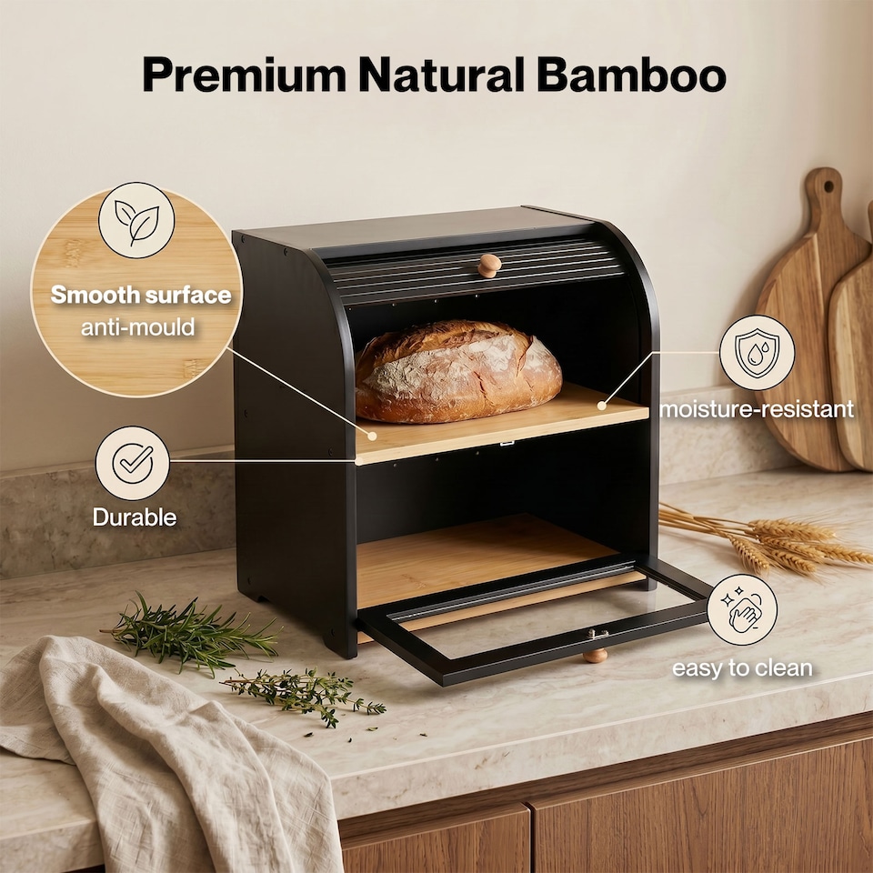 image 1 of Toque Bread Box 2-Tier Large Capacity Roll Top Black Bamboo Acrylic Door